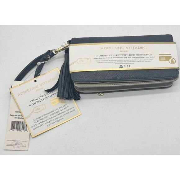 ADRIENNE VITTADINI STUDIO Gray Tan Charging Wallet RFID Protection NEW - Picture 1 of 8